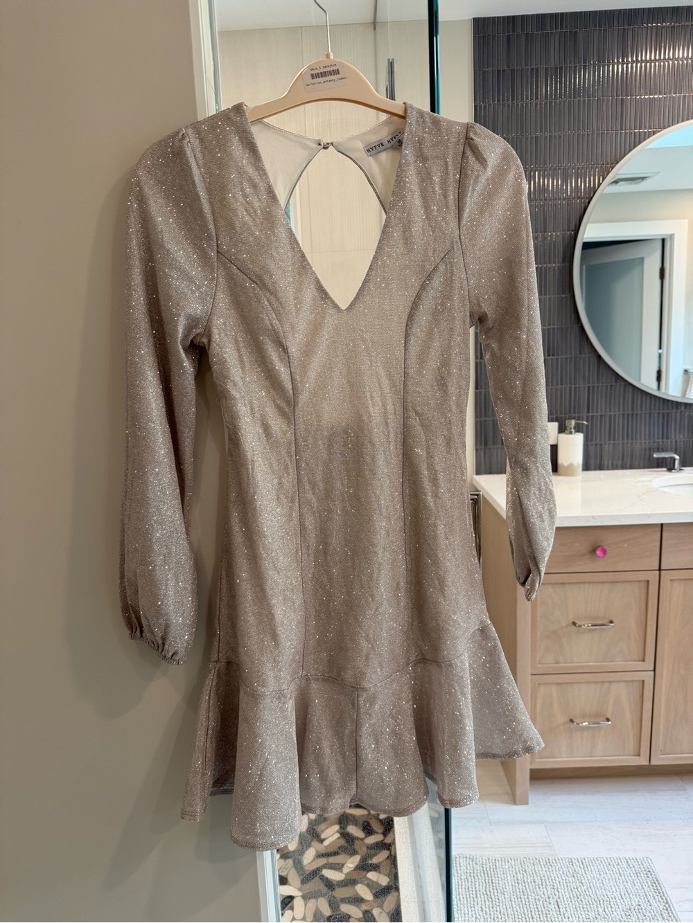 HYFVE Glitter Long Sleeve V-Neck Ruffle Hem Dress - Champagne